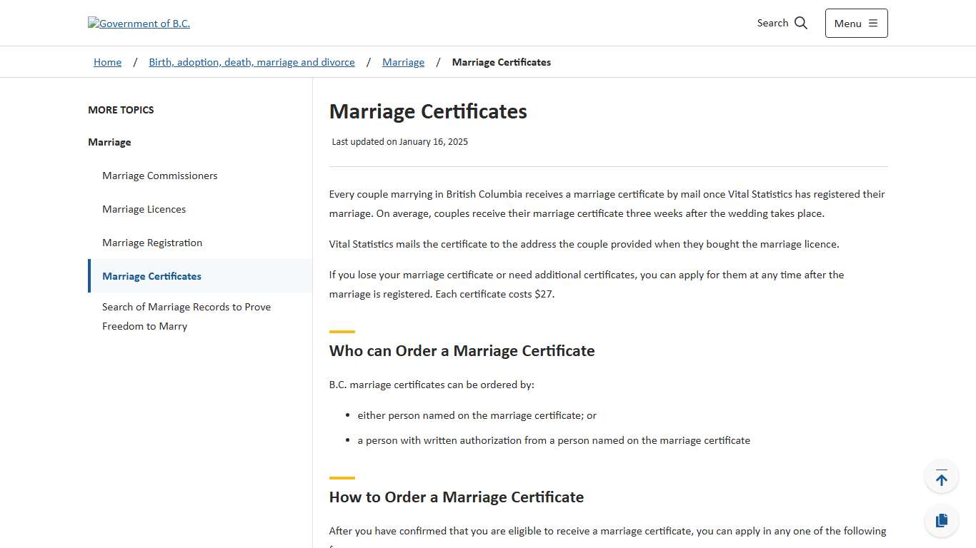 Marriage Certificates - Province of British Columbia